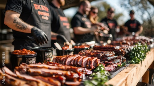 A group of chefs serves an array of grilled meats and flavorful side dishes at an outdoor barbecue event.