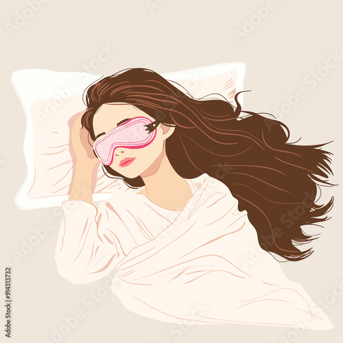 Peaceful woman resting with eye mask, long hair spread on pillow, soft and calm art.
