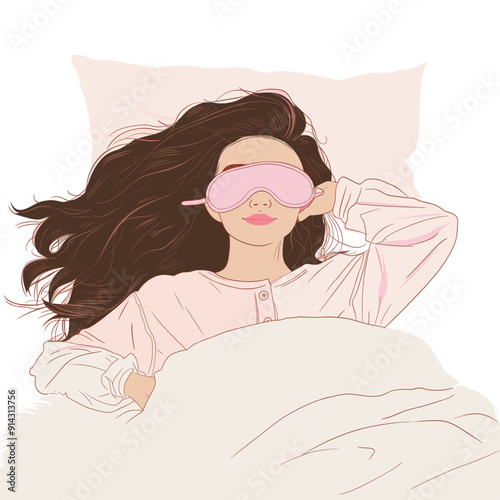 Peaceful woman resting with eye mask, long hair spread on pillow, soft and calm art.
