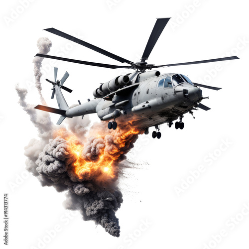 Exploded amilitary helicopter from a missile hit isolated on the transparent backgrrond