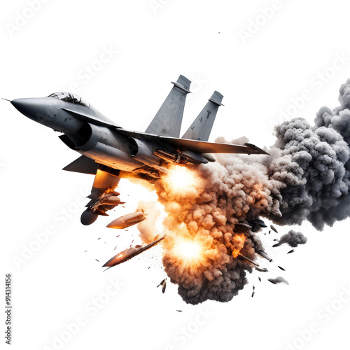 Exploded military jet from a missile hit isolated on the transparent backgrrond