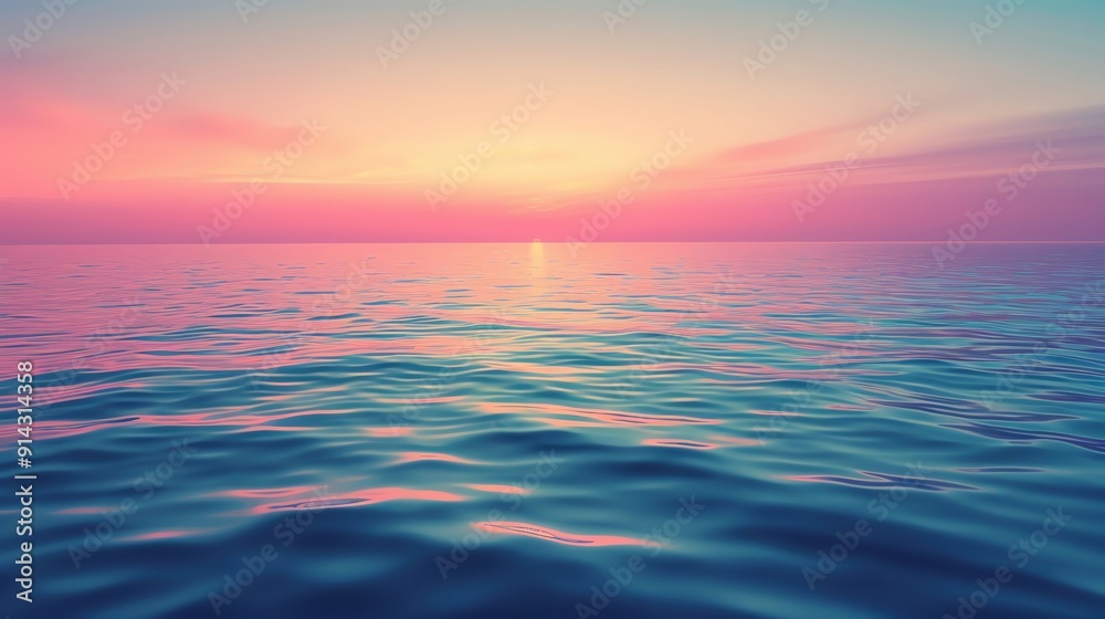 Fototapeta premium A tranquil ocean scene at sunset, showcasing vibrant colors reflecting on calm water waves, ideal for relaxation and inspiration.