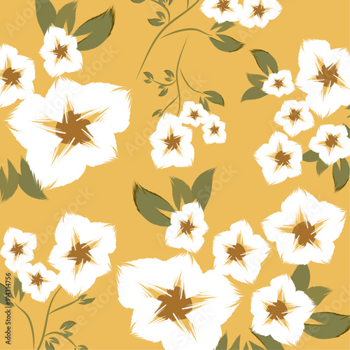 The flowers are stylized and have a slightly abstract, hand-drawn appearance, creating. a repeating floral pattern with white flowers that have brown center
