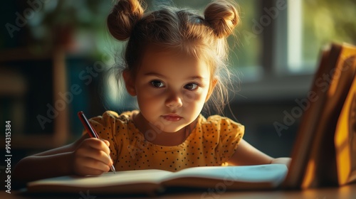 Young Child Diligently Writing in Notebook While Sitting at Desk in a Sunlit Room photo