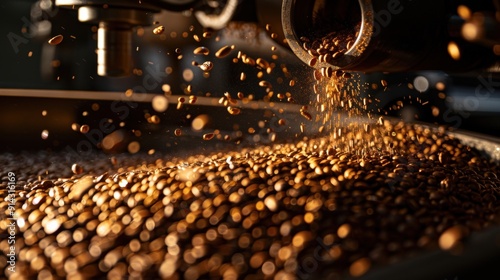 Coffee beans being poured into a container, with some beans flying in the air.