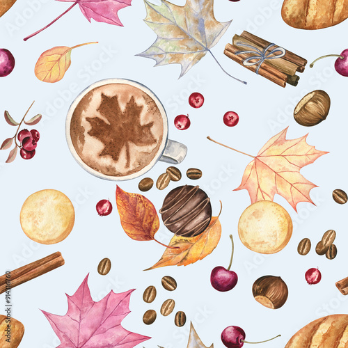 Autumn seamless pattern with a cup of coffee, maple leaves, cookies, berries, nuts and cinnamon sticks. Cozy watercolor illustration on sky-blue background. For fabric, wallpaper, wrapping paper