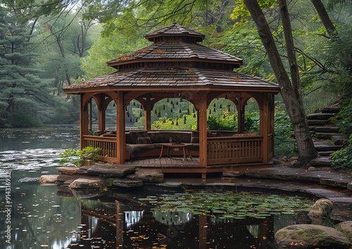 A gazebo perched on a tranquil pond, encircled by lush trees. photo