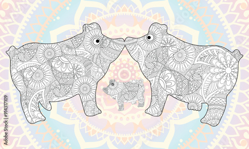 Pig Coloring Book.Pigs family.Piggy coloring book for adults vector.Zentangle illustration with pig. Zen tangle or doodle piglet. Coloring book domestic animal.