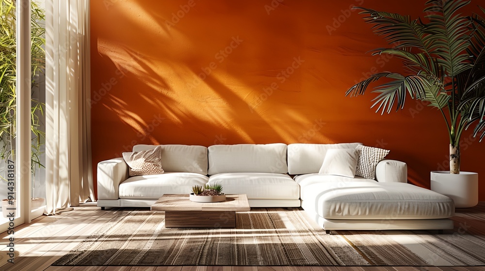 a living room with a white couch and a large plant in the corner of the room with a red wall a living room with a white couch and a large plant in the corner of the room with a red wall