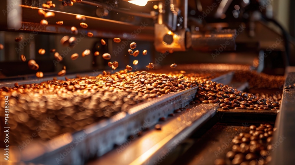 Coffee beans moving along a conveyor belt in a factory. The beans are being roasted and processed. Coffee beans moving along a conveyor belt in a factory. The beans are being roasted and processed.