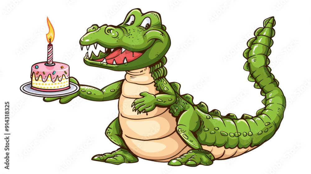Fototapeta premium Cartoon birthday crocodile on transparent background