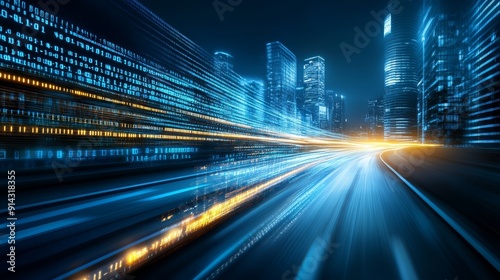 Futuristic Digital City with Speeding Data Streams