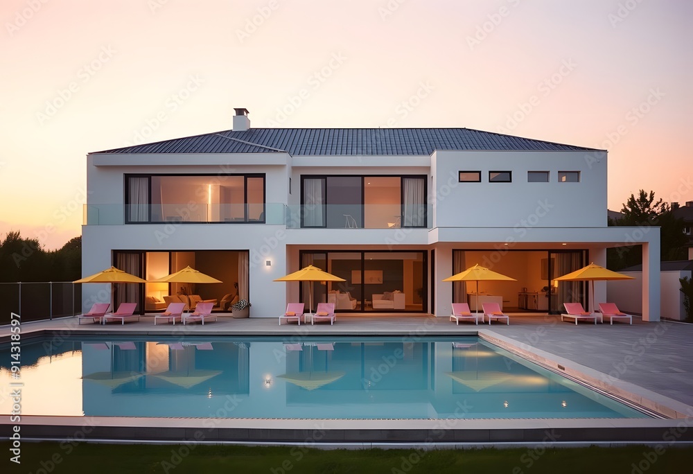 Exterior of A modern, two-story white house with a swimming pool in the foreground, surrounded by a paved patio area. The house has large windows and a minimalist, contemporary architectural style. Exterior of A modern, two-story white house with a swimming pool in the foreground, surrounded by a paved patio area. The house has large windows and a minimalist, contemporary architectural style.