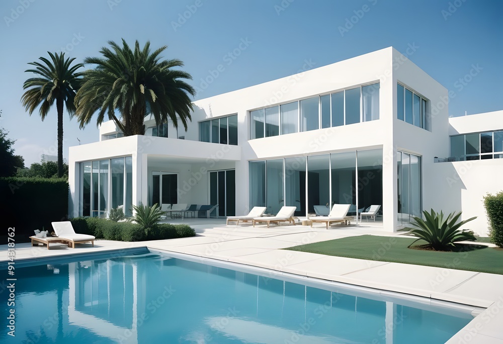 Fototapeta premium Exterior of A modern, two-story white house with a swimming pool in the foreground, surrounded by a paved patio area. The house has large windows and a minimalist, contemporary architectural style. 