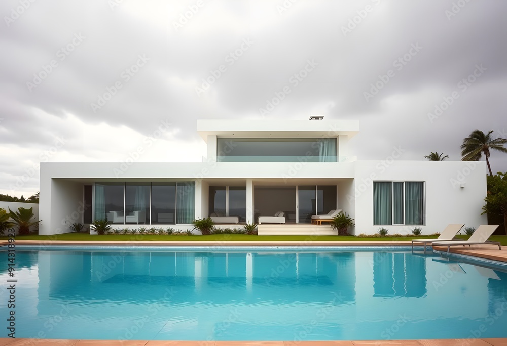 Fototapeta premium Exterior of A modern, two-story white house with a swimming pool in the foreground, surrounded by a paved patio area. The house has large windows and a minimalist, contemporary architectural style. 