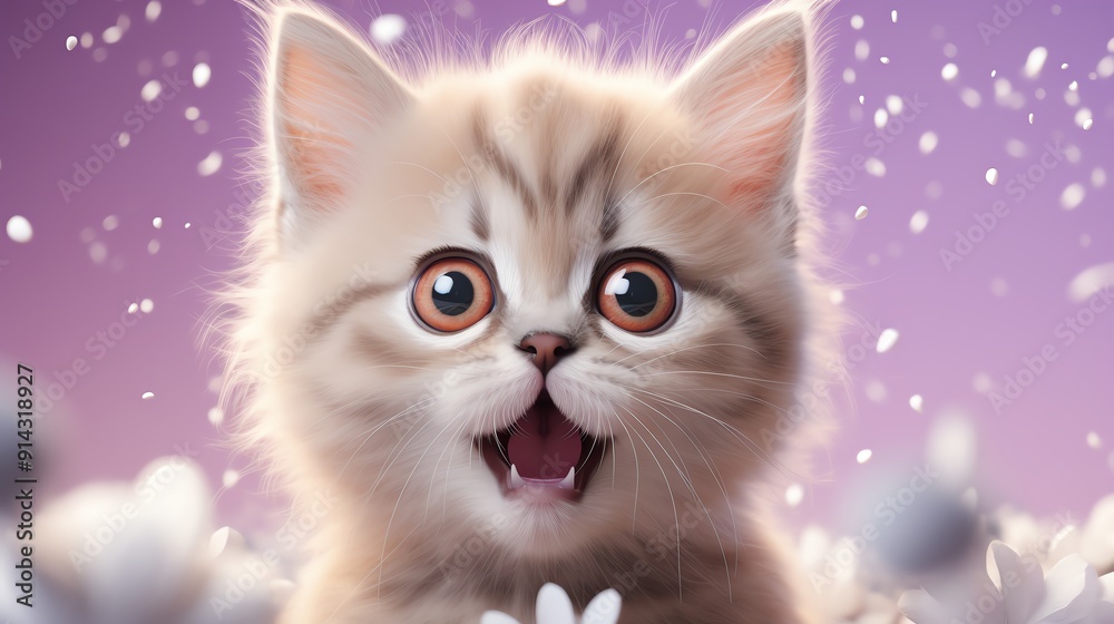 Cute cartoon kitten with big eyes and a blue collar, surrounded by colorful geometric shapes and snowflakes. Cute cartoon kitten with big eyes and a blue collar, surrounded by colorful geometric shapes and snowflakes.