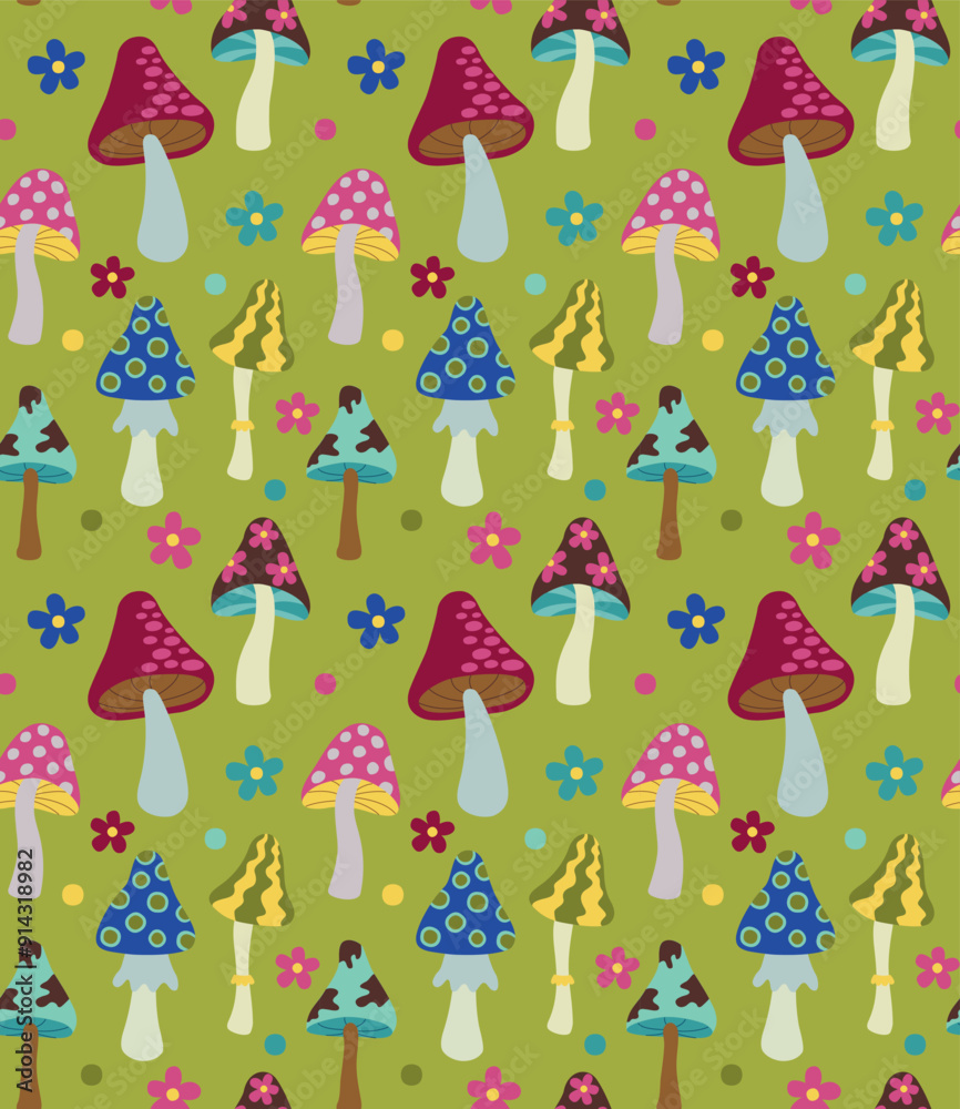 Seamless pattern with psychedelic groovy mushrooms and flowers. Vector colorful retro background with hippie funky elements. Seamless pattern with psychedelic groovy mushrooms and flowers. Vector colorful retro background with hippie funky elements.