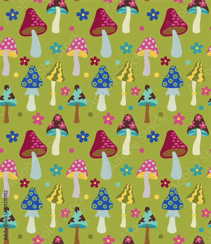 Seamless pattern with psychedelic groovy mushrooms and flowers. Vector colorful retro background with hippie funky elements.	