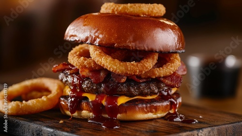 A hearty burger featuring a beef patty, melted cheese, crispy bacon, and onion rings, drizzled with barbecue sauce on a wooden surface.