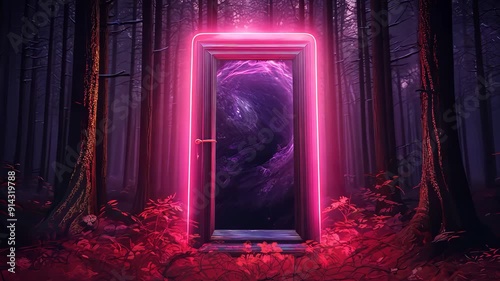 Illuminated portal in a dark forest with neon lights, fantasy concept