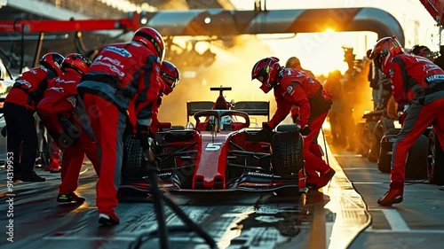 Racing crew providing racing attention at the pit stop during a daytime competition