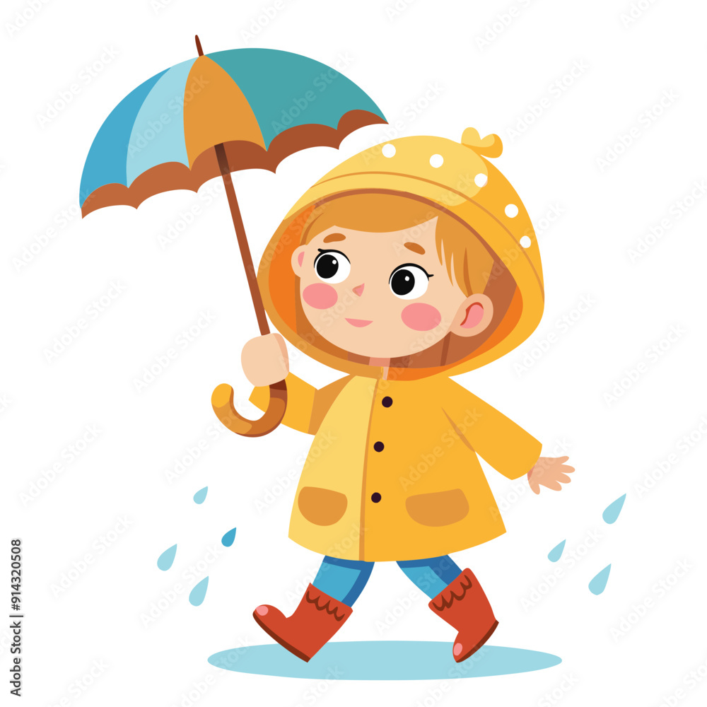Cute little girl walking in the rain. A girl in a raincoat and rubber boots, holding an umbrella in hand. Isolated vector illustration.
Cute little girl walking in the rain. A girl in a raincoat and rubber boots, holding an umbrella in hand. Isolated vector illustration.