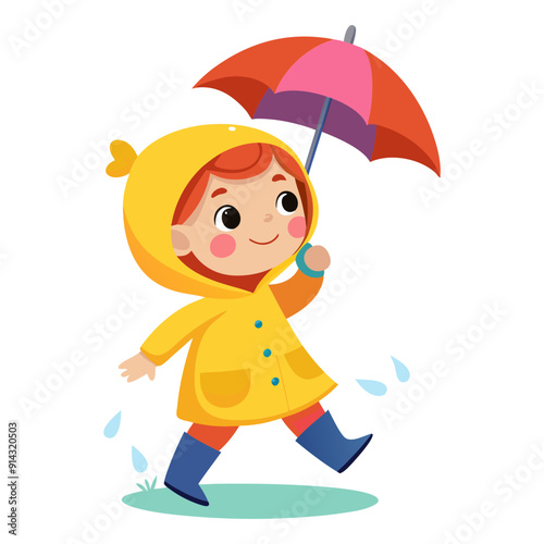 Cute little girl walking in the rain. A girl in a raincoat and rubber boots, holding an umbrella in hand. Isolated vector illustration. 