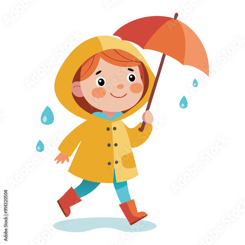 Cute little girl walking in the rain. A girl in a raincoat and rubber boots, holding an umbrella in hand. Isolated vector illustration.
