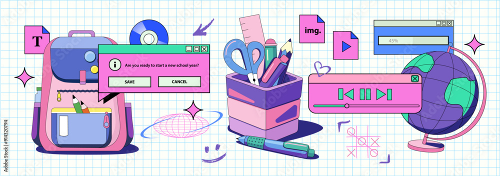 Y2K Set of school items painted in retro style in bright colors. Y2K Set of school items painted in retro style in bright colors.