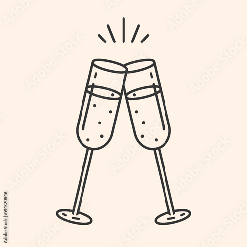 Champagne icon. Creative two sparkling wine glasses icon for greeting cards, postcards, invitations, menu design.New Years, Christmas Celebration,Party symbol.Cheers.Vector illustration EPS 10