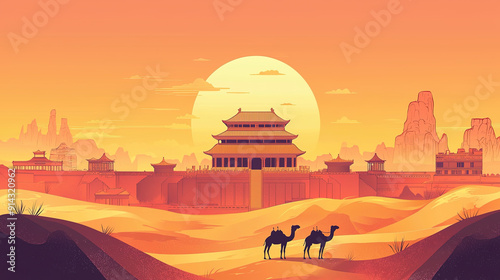 An poster illustration of Dunhuang city with ancient architectures and desert and camels photo