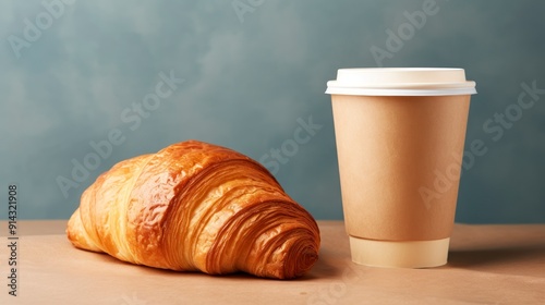 Coffee to go and croissant on plain background.