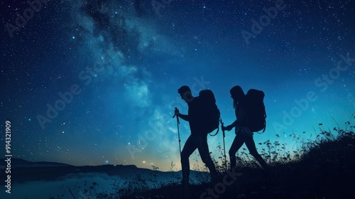 Romantic couple trekking under a starry sky.