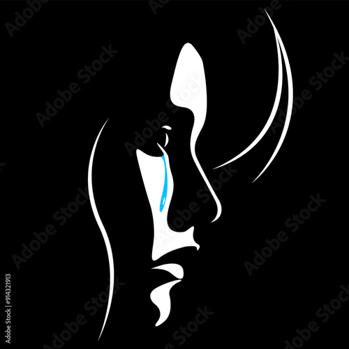 black and white light and shadow vector illustration of a woman's face with tears flowing down her cheeks. war, victim of violence, domestic violence against women, abuse, harassment. social poster. 