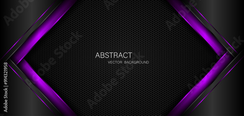 Abstract black and purple polygons on dark steel mesh background. with free space for design. modern technology innovation concept background	