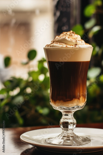 Traditional and classical Irish coffee in glass with whipped cream and whiskey in a bar