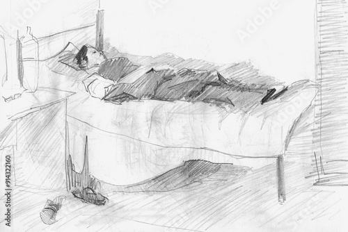 Woman lying on bed pencil sketch concept of illness. Hospital bed old woman lies after operation medical intervention. Water bottle near sick man resting sleeping lady on bed covered with blanket