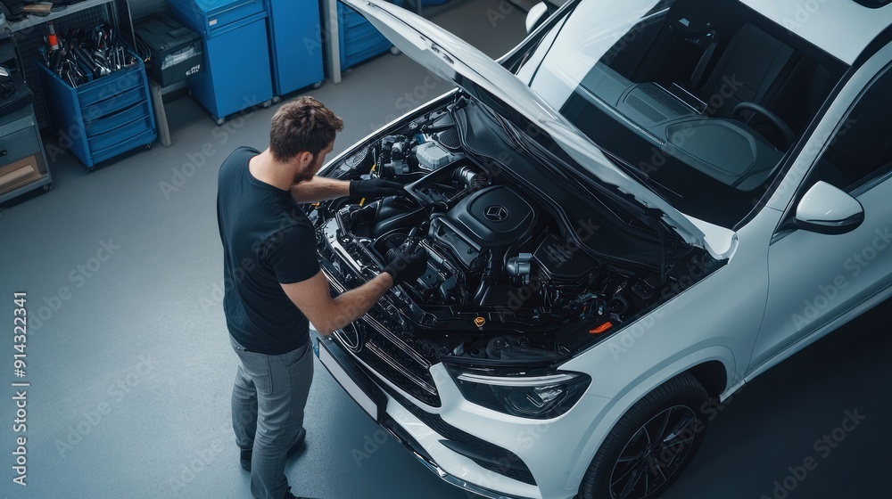 Under the hood. A car mechanic working on the engine of a white car in a modern workshop, car repairs concept, top view. Under the hood. A car mechanic working on the engine of a white car in a modern workshop, car repairs concept, top view.