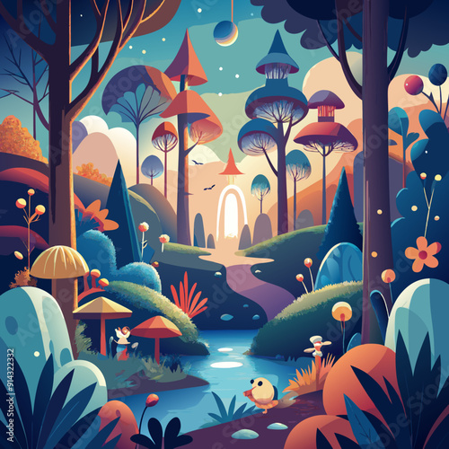  A whimsical forest inhabited by playful spirits illustration