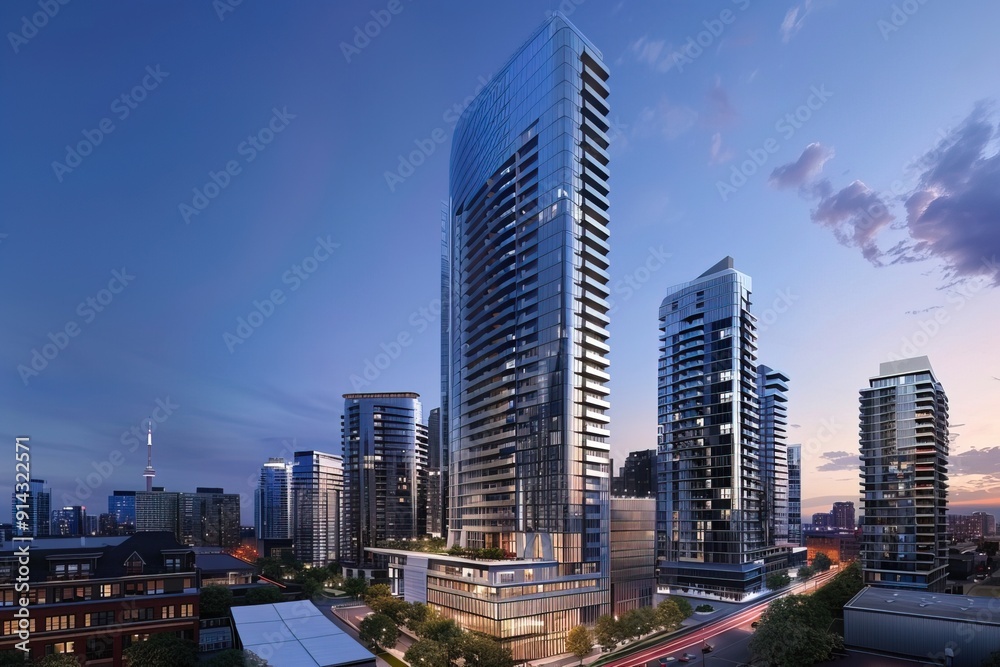 Fototapeta premium aerial view modern city landscape with skyscrapers at evening