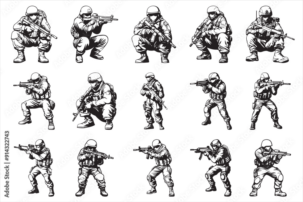 Military Soldier Set. with a Machine Gun ,Silhouette, Black and White Outline Collection. Isolated, Vector illustration Military Soldier Set. with a Machine Gun ,Silhouette, Black and White Outline Collection. Isolated, Vector illustration