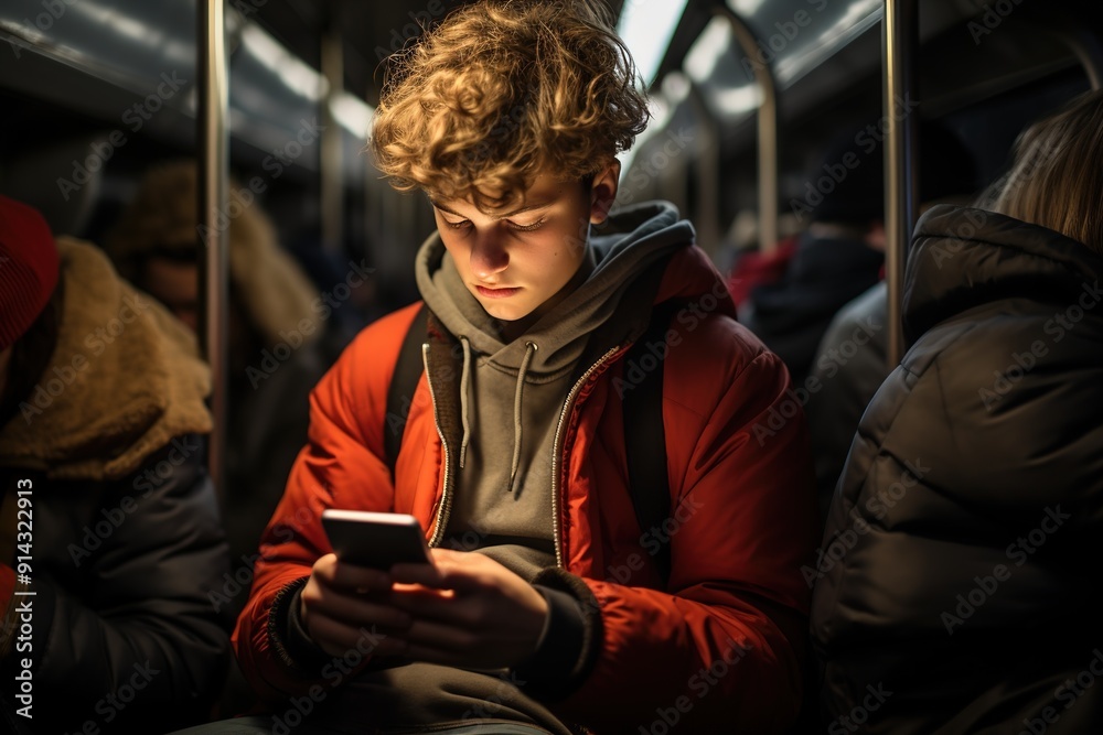 young man in red jacket looks at phone in crowd in subway young man in red jacket looks at phone in crowd in subway