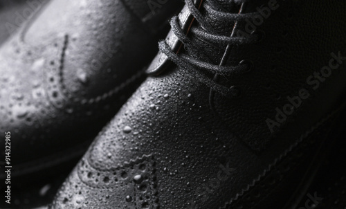 Black leather brogue boots in water droplets