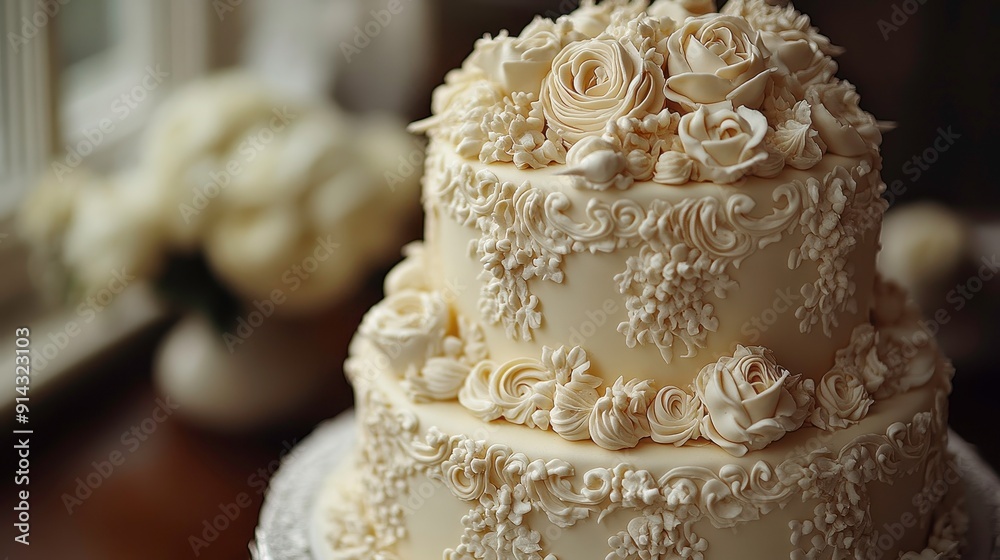 Beautifully decorated wedding cake with intricate icing details Beautifully decorated wedding cake with intricate icing details