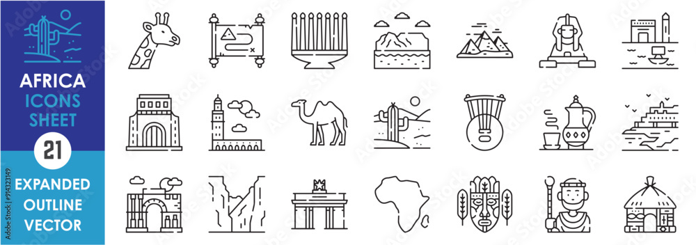 Fototapeta premium A set of line icons related to Africa. African, culture, country, design, Morocco, Egypt, desert, wildlife, nomeids, camel, culture, and so on. Vector outline icons set.