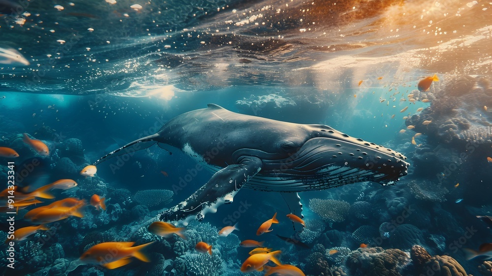 Fototapeta premium Majestic Humpback Whale Swims Alongside School of Fish in Harmonious Underwater Scene