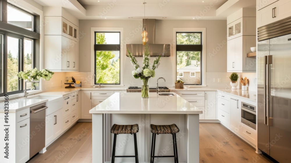 Fototapeta premium Modern kitchen with white cabinets, large windows, and a spacious island with two stools.