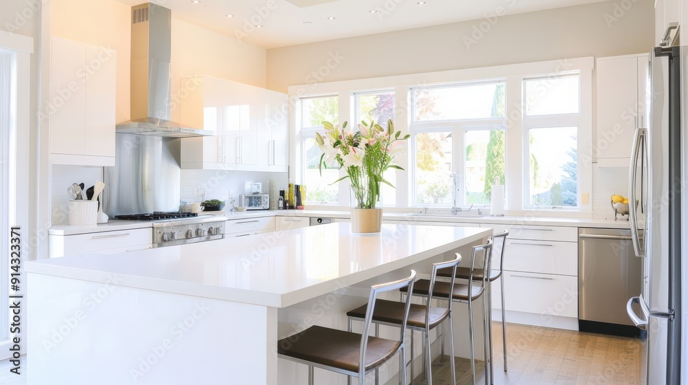Modern kitchen with white cabinets, a large island, and a stainless steel range hood. Natural light streams in from the windows. Modern kitchen with white cabinets, a large island, and a stainless steel range hood. Natural light streams in from the windows.