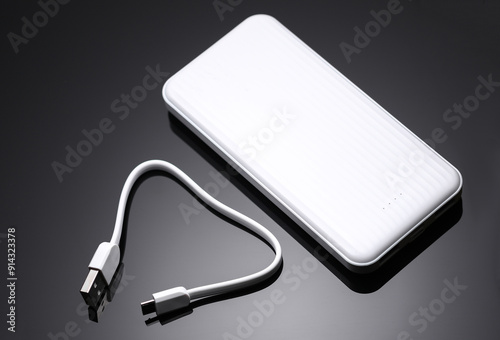 White power bank, external battery on a black background photo