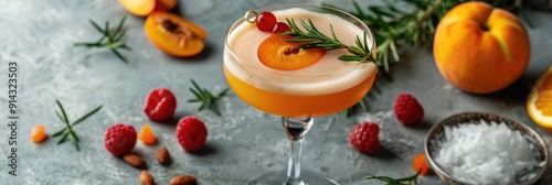 Stylish Apricot Lady Cocktail Glass or Mocktail with Fresh Ingredients and Fruits on Gray Table photo